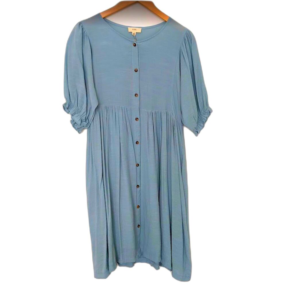 NEW Women's Vintage OTT Smocked Bohemian Front Button Up Blue Gray Dress Size S